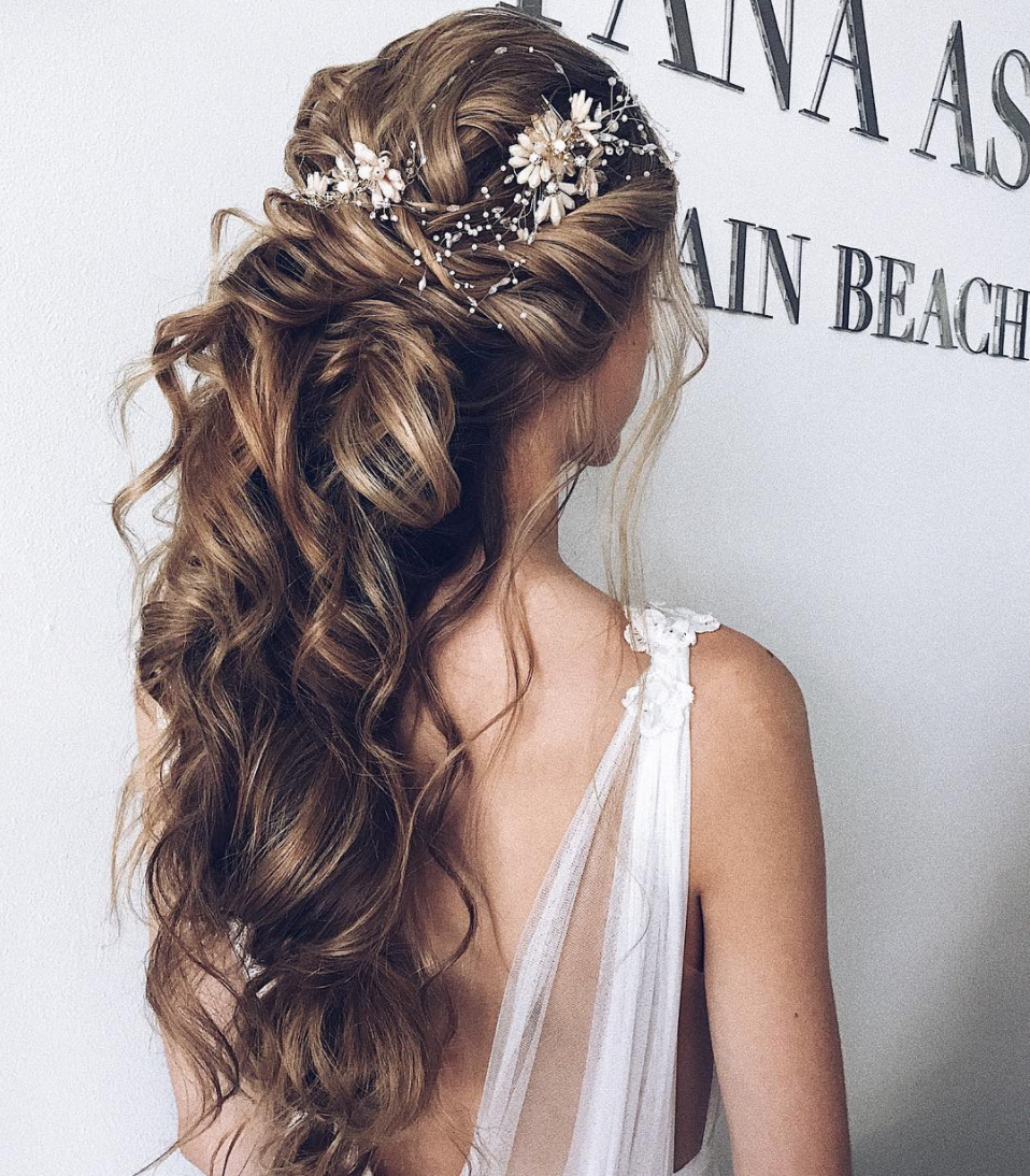 Curls and half up half down hairstyle for bridal long hair