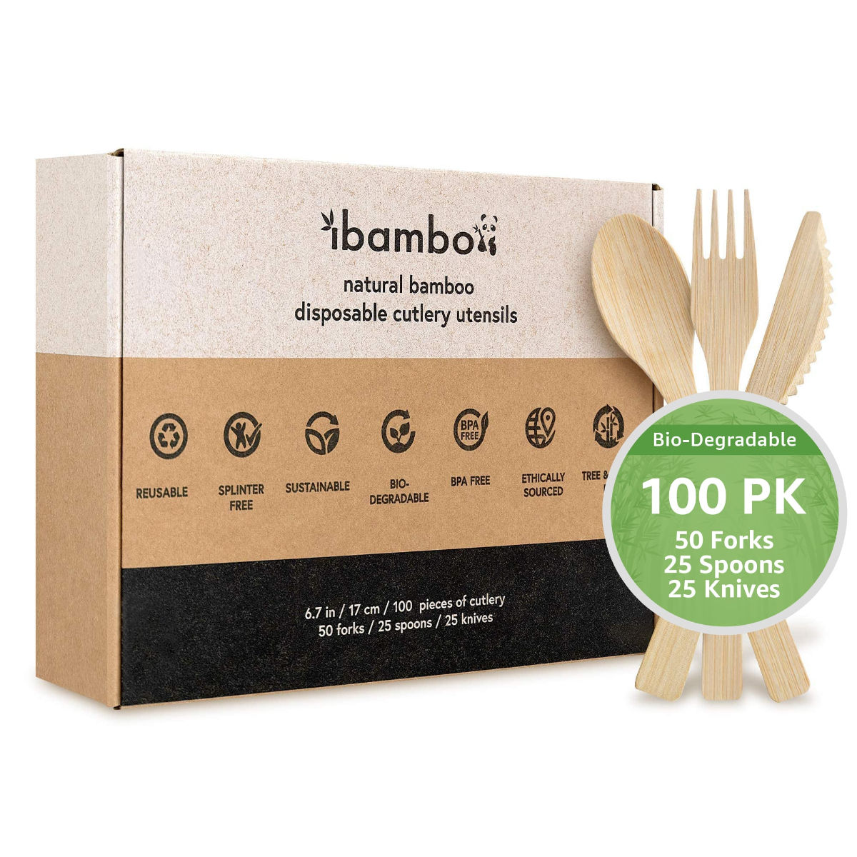 Bamboo Utensils Forks, Knives, and Spoons - 100 Count