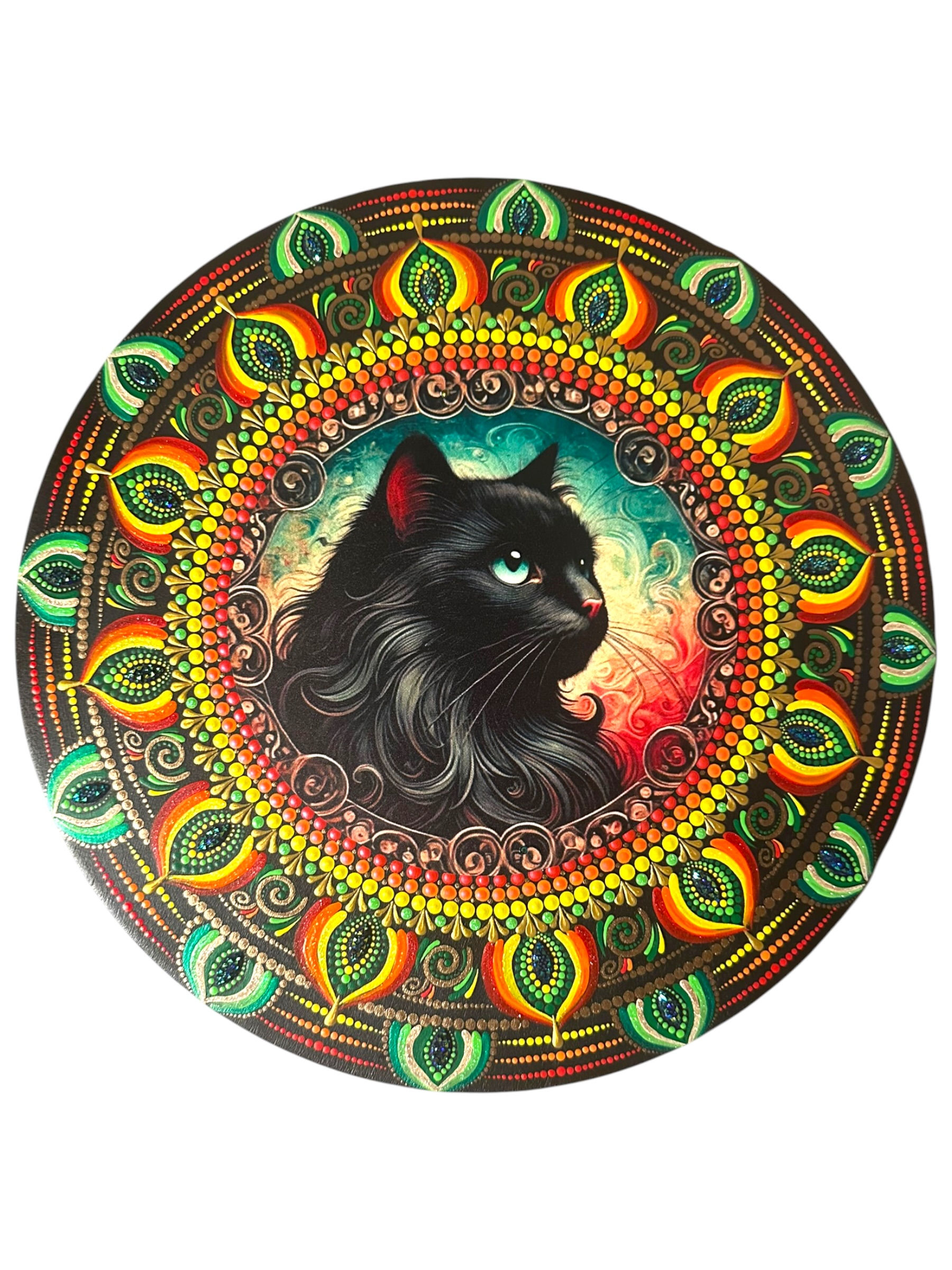 Hand Painted Black Cat with Stone Inlays