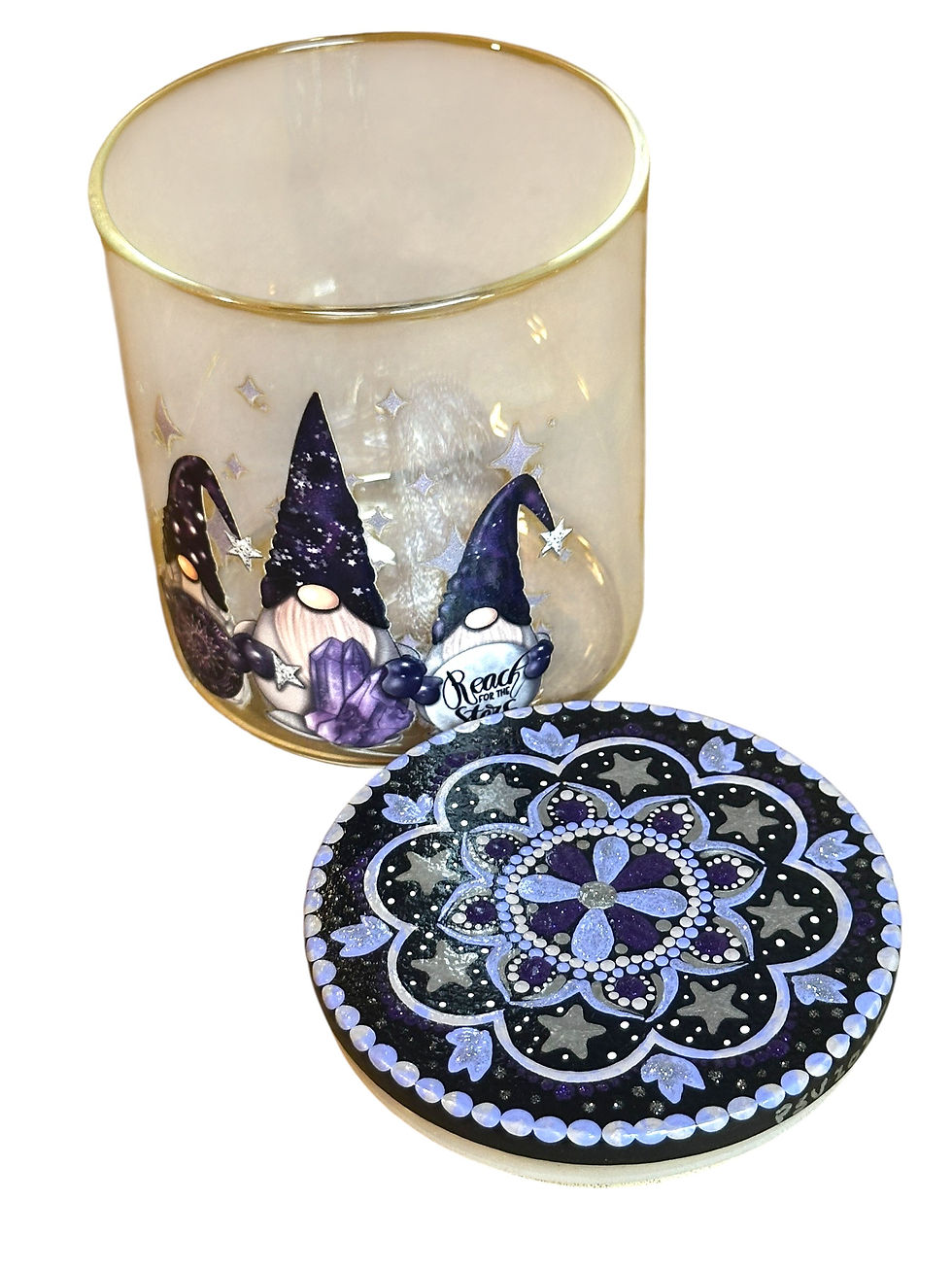 Thumbnail: Purple Gnomes - Small Stash Jar with hand painted mandala wooden lid