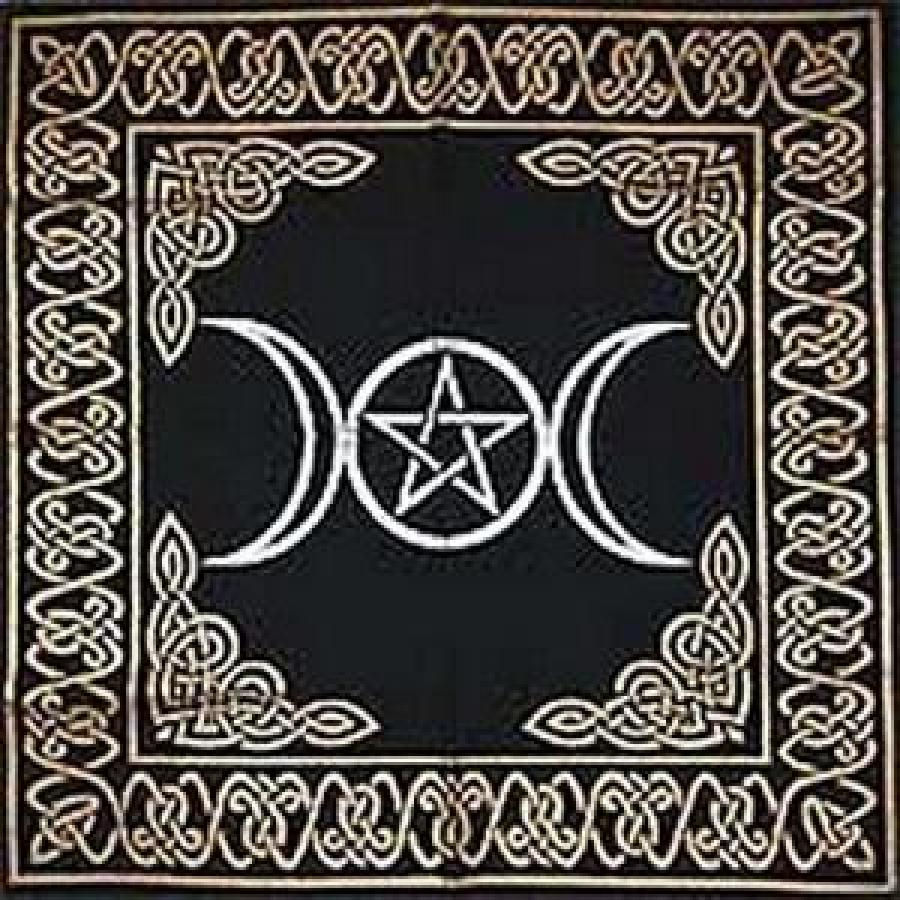 Triple Moon With Pentagram Altar Cloth - 24" x 24" (Gold/Silver on Black )