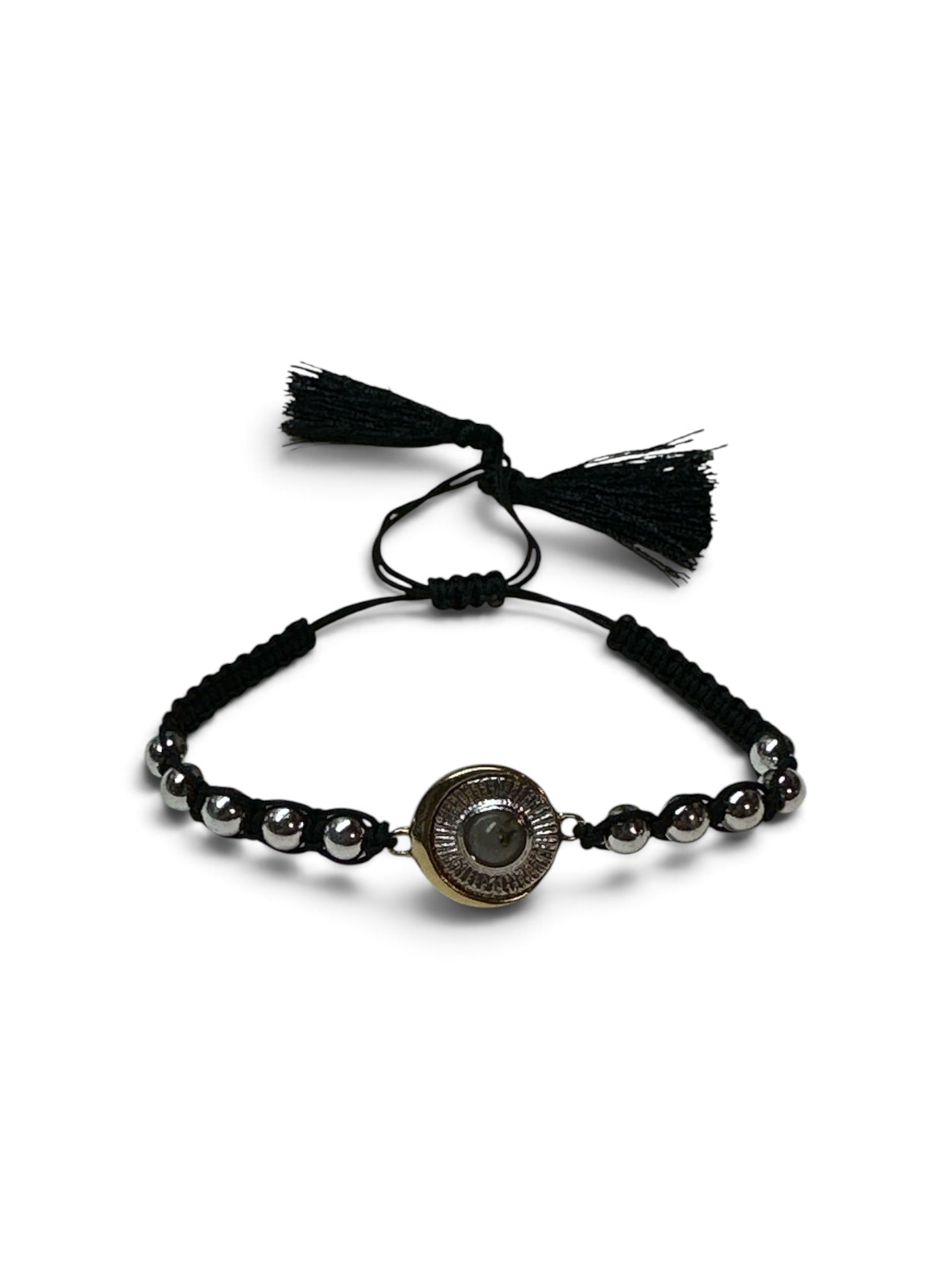 Moon & Sun Bracelet, featuring a Gold Moon surrounding a Silver Sun Burst and Labradorite