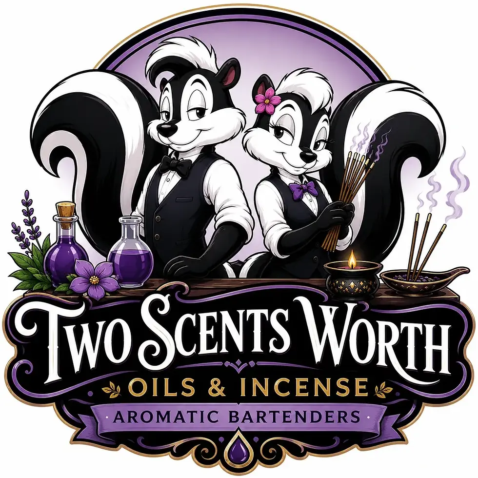 The logo for Two Scents Worth, Soothsayers' favorite business to get incense and scented oils from. Features two skunks selling incense, scented oils, and related items.