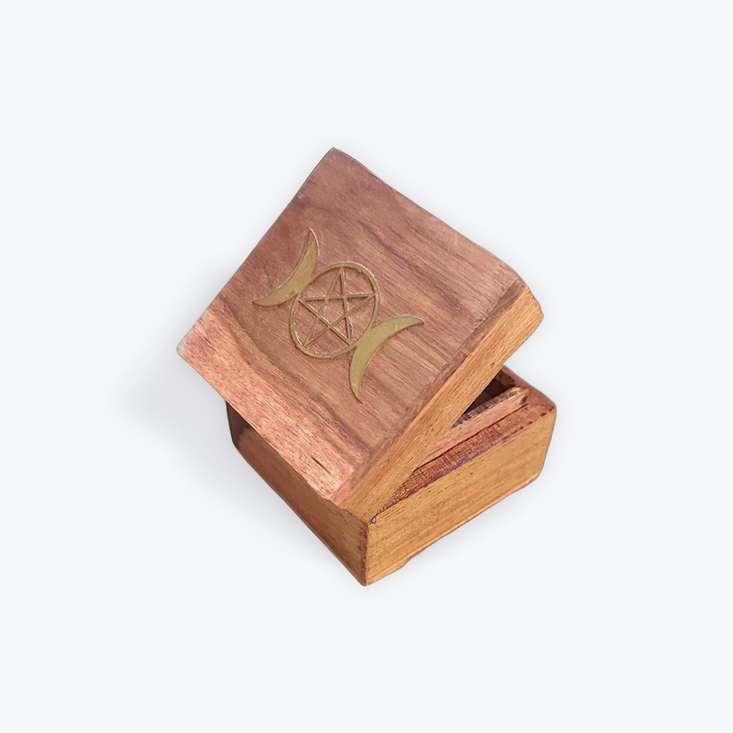 Acacia wood box velvet lined brass inlay - Triple Moon design. 2"x2.5"x2.5". Picture with lid open