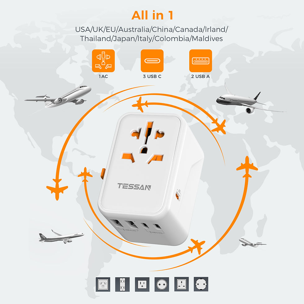 Thumbnail: TESSAN 65W GaN Travel Adapter Universal Socket with 2 USB 3 Type C Fast Charging