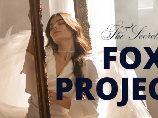 Secret 2025 Foxy Project banner by Foxy Studios showing an elegant OnlyFans creator in an angelic white gown and wings leaning on an ornate mirror, promoting an elite OF creator coaching program for ambitious models.