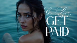 A beautiful Foxy creator emerging from dark water, glancing over her shoulder toward the viewer, with elegant overlay text “Go Live, Get Paid”, emphasizing the power of real-time engagement to boost tips and subscriptions.