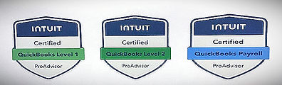 Intuit Certified QuickBooks ProAdvisor badges: Level 1, Level 2, Payroll