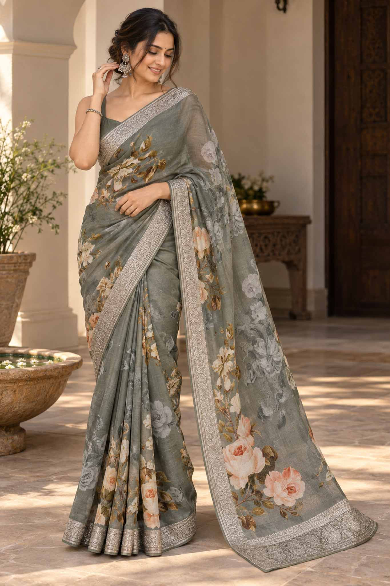 Olive floral Saree