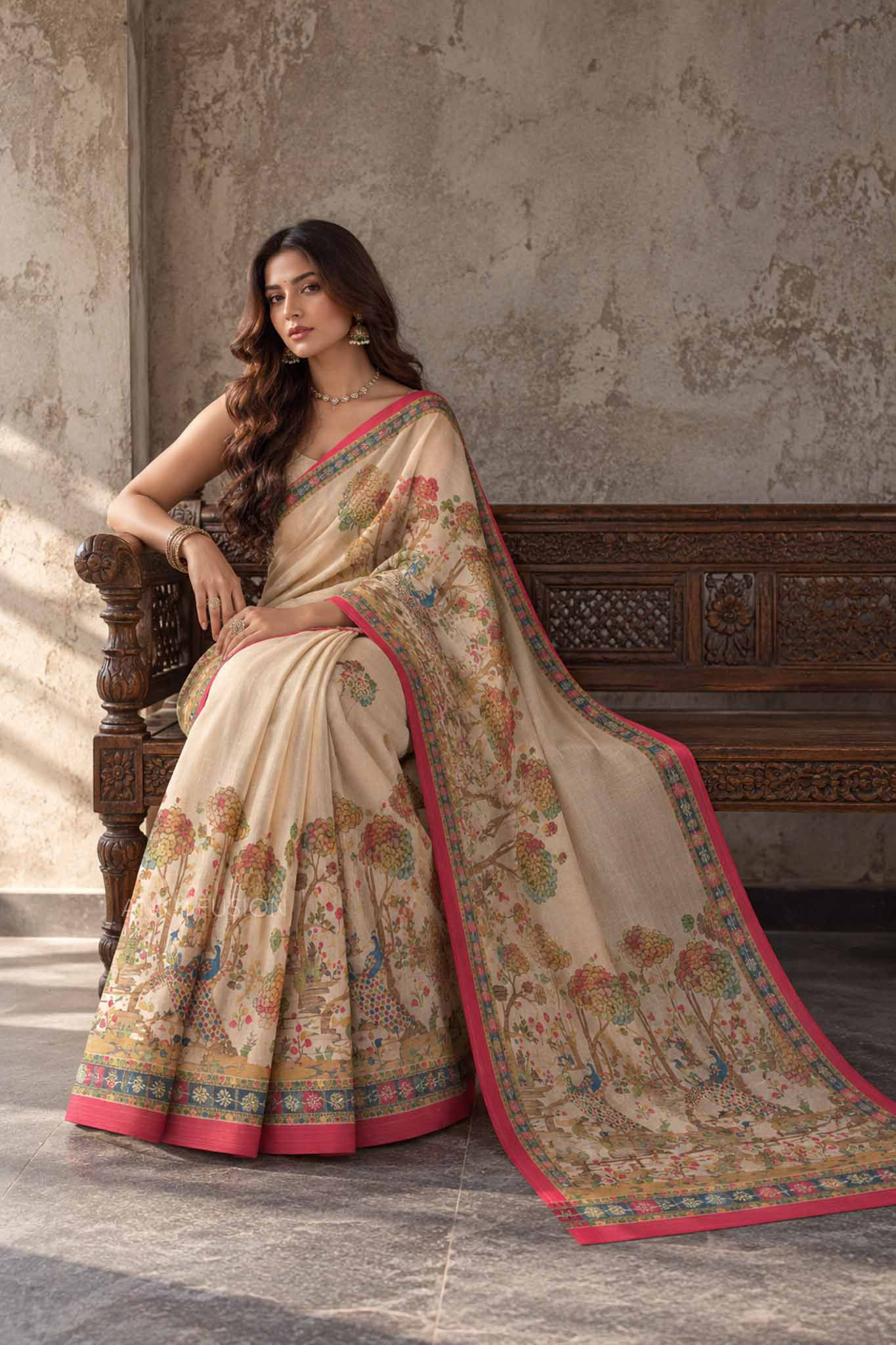 Ivory Red Saree