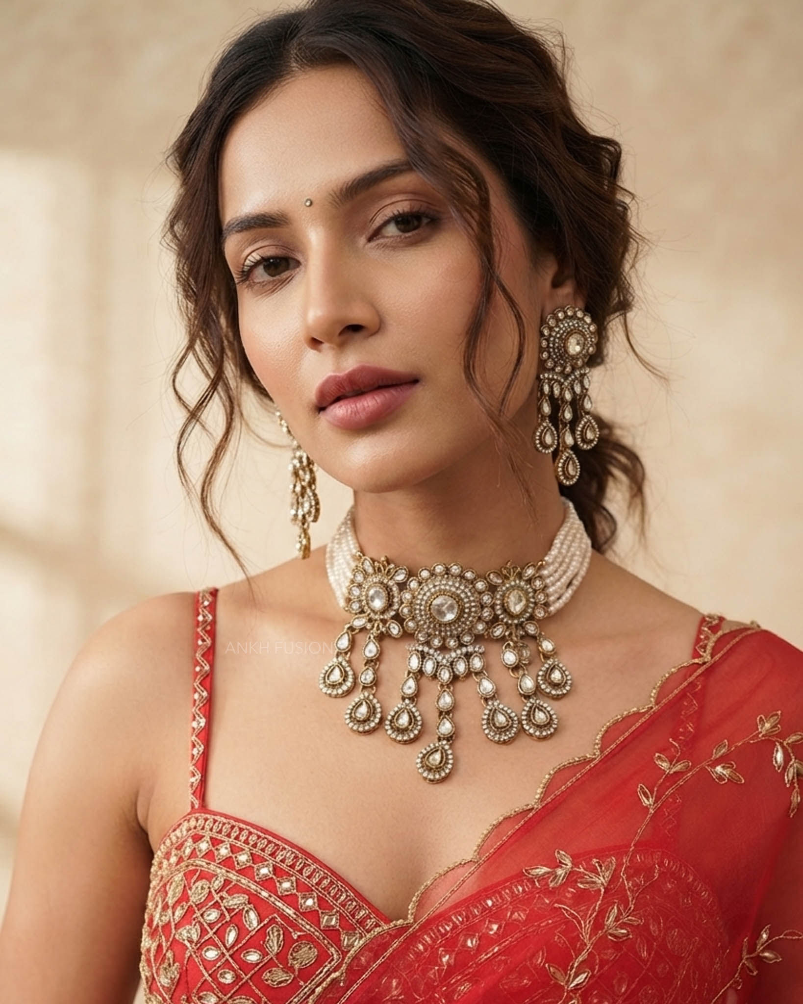 Waterfall Kundan Necklace Set in Pearl