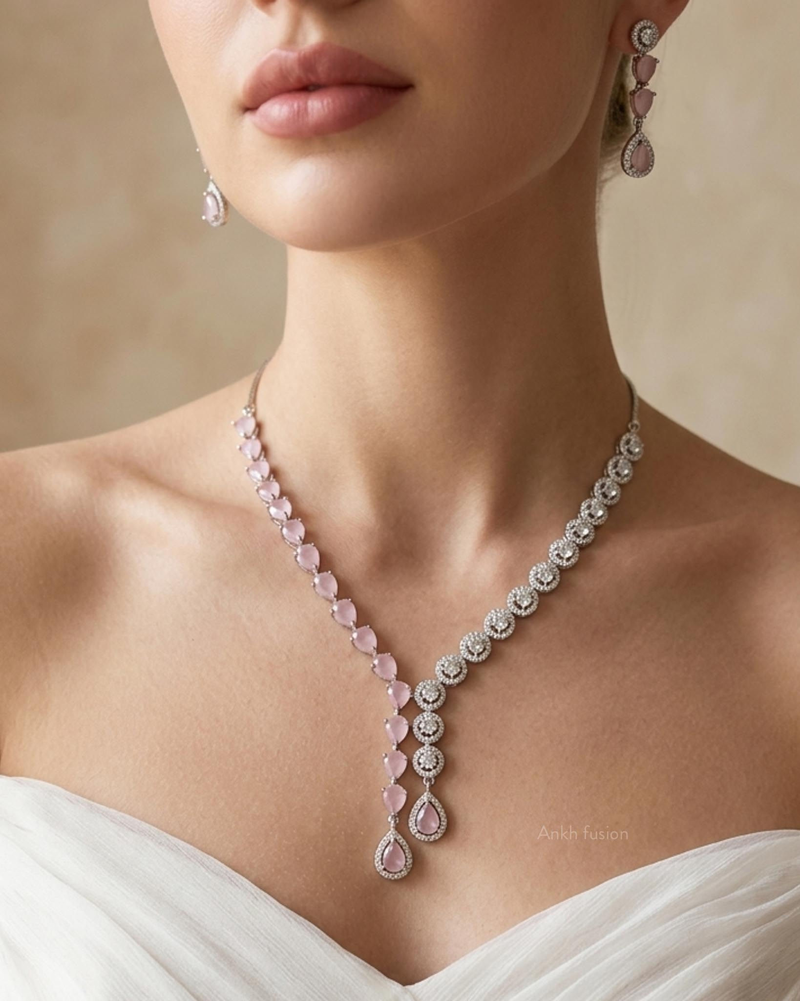 Pink Crystal and AD stone Necklace set
