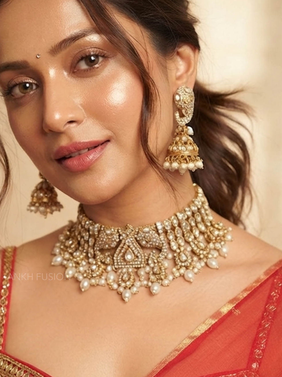 Thumbnail: Elephant design Kundan Necklace Set in Pearl