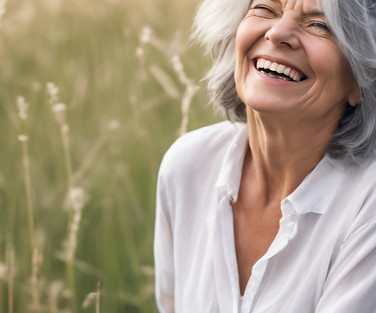 white middle aged woman gray hair in a summer field feeling vibrant and happy about life _