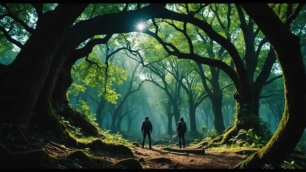 two men standing in forest thinking about thinking