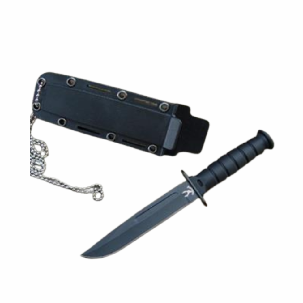 Bone Edge 6036 mini survival knife with drop-point blade, rubber handle, and hard sheath with chain holder.