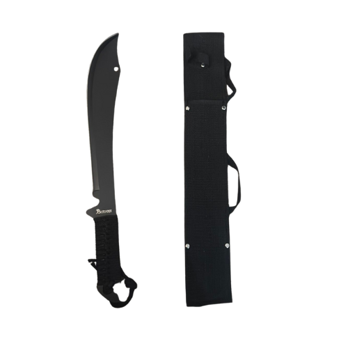 Thumbnail: 19 inch Defender black machete sword with curved stainless steel blade and nylon sheath.