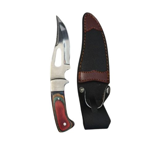 Full tang hunting knife with colorful wood handle and leather sheath.
