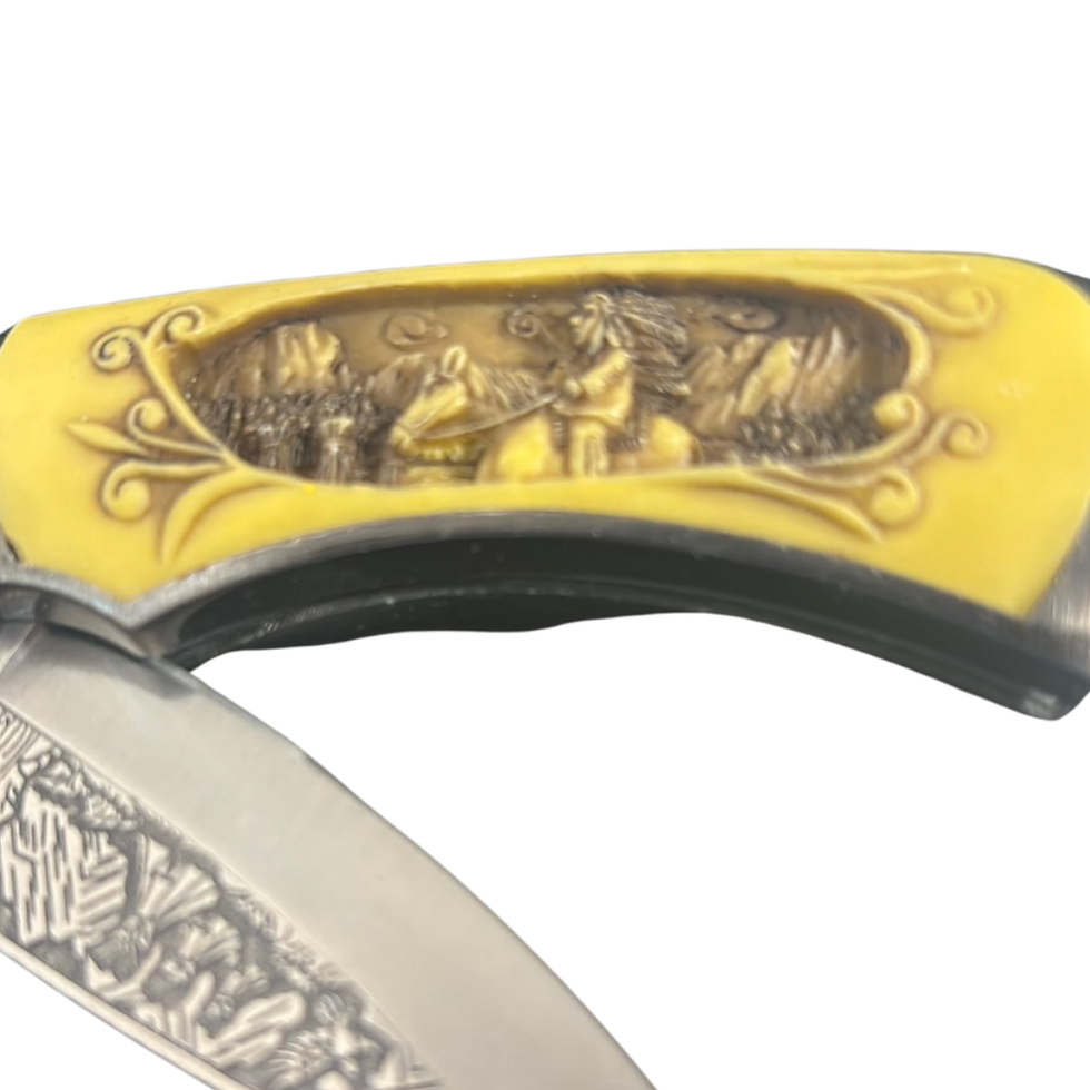 Thumbnail: Yellow handle with raised Native American warrior relief