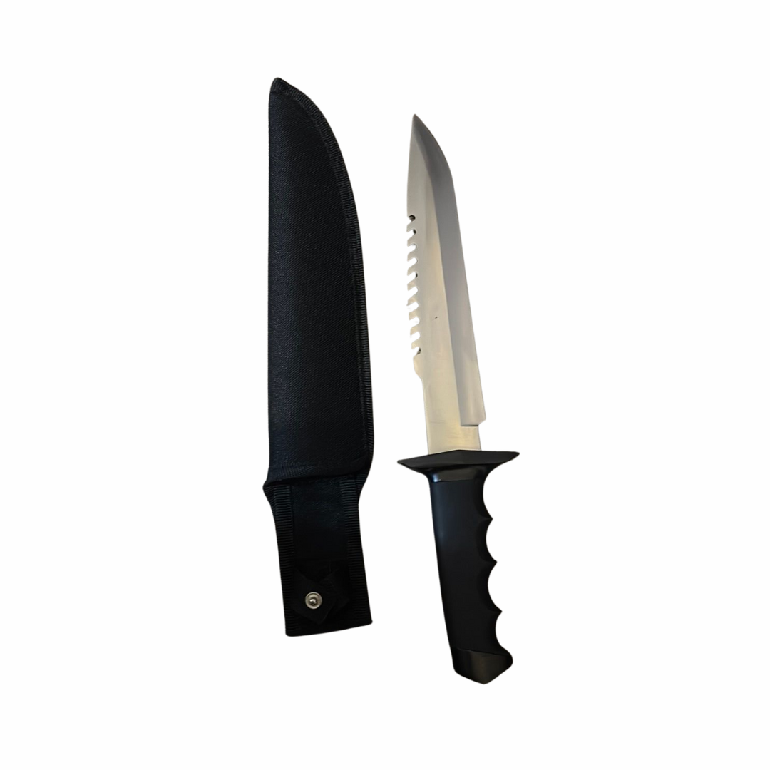 Jungle Master 14.75" survival knife with reverse-serrated blade and nylon sheath