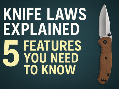 Knife laws explained blog graphic with folding knife and bold text highlighting five features to know.