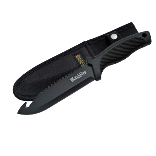 Watchfire black guthook hunting knife with serrated edge and nylon sheath