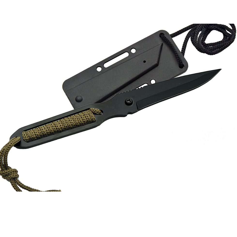 Thumbnail: Slick Sniper II 8" black stainless drop point knife with green cord-wrapped handle and plastic sheath