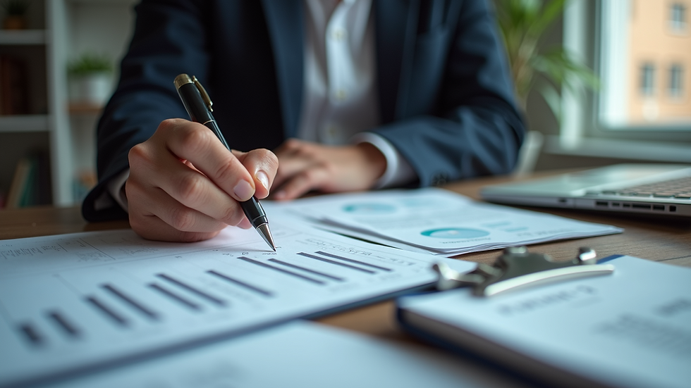 High angle view of a person reviewing financial documents at a desk