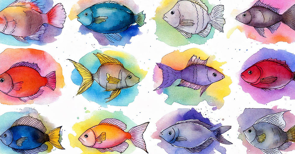 12 different fishes facing different sides representing mbti types