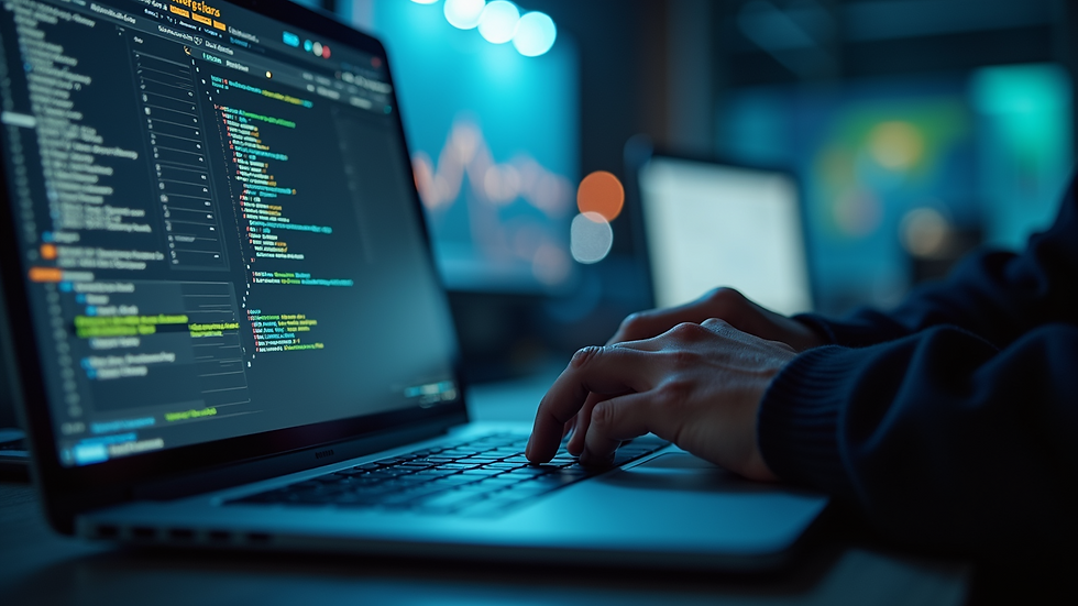 Close-up view of a software tester analyzing test results on a laptop screen