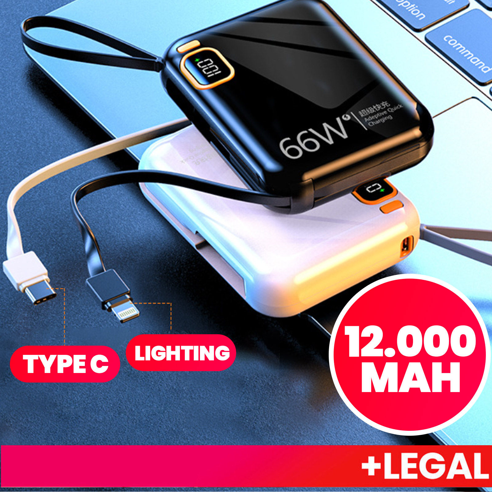 Power Bank 12000mAh Compacto Super Rápido Com Cabo Integrado Duplo Carregamento