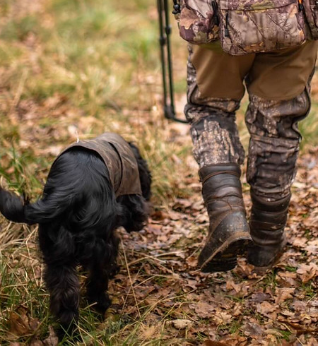 Mark Broadhurst of Warwickshire Roebucks walking through a woodland in with a working dog, rifle, and shooting sticks, during a deer stalking activity.