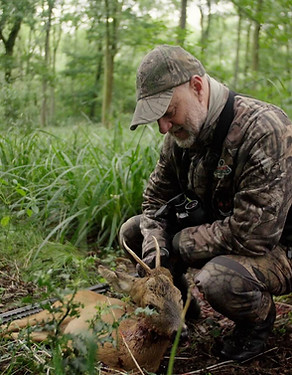 Mark Broadhurst inspecting a roe deer carcass in a woodland in Warwickshire, England, as part of Warwickshire Roebucks deer management services.