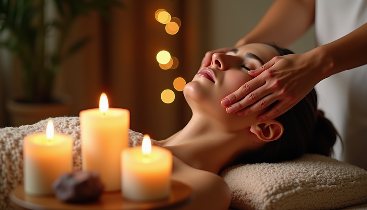 Eye-level view of a serene Reiki healing session with soft candlelight and crystals