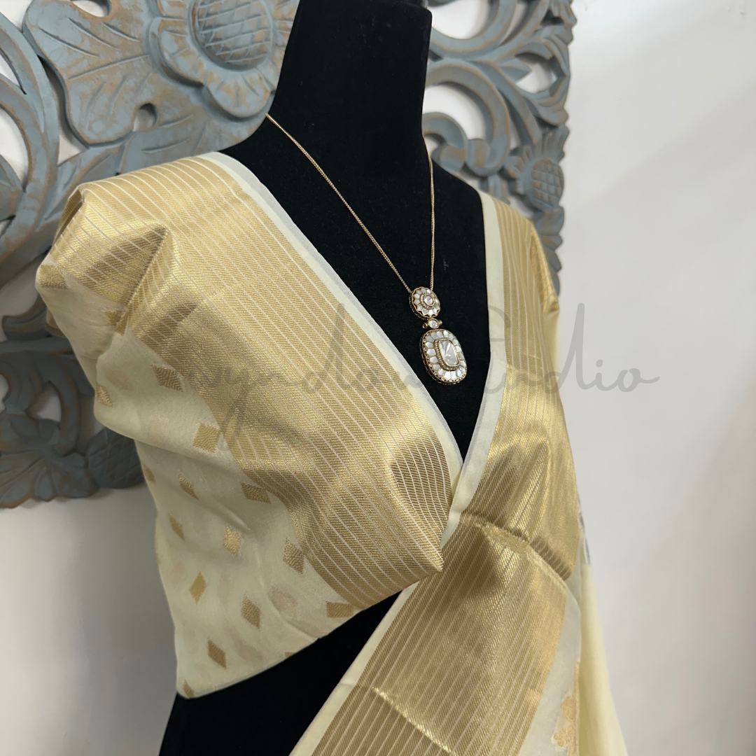 Cream Golden Semi Georgette Banarasi Saree