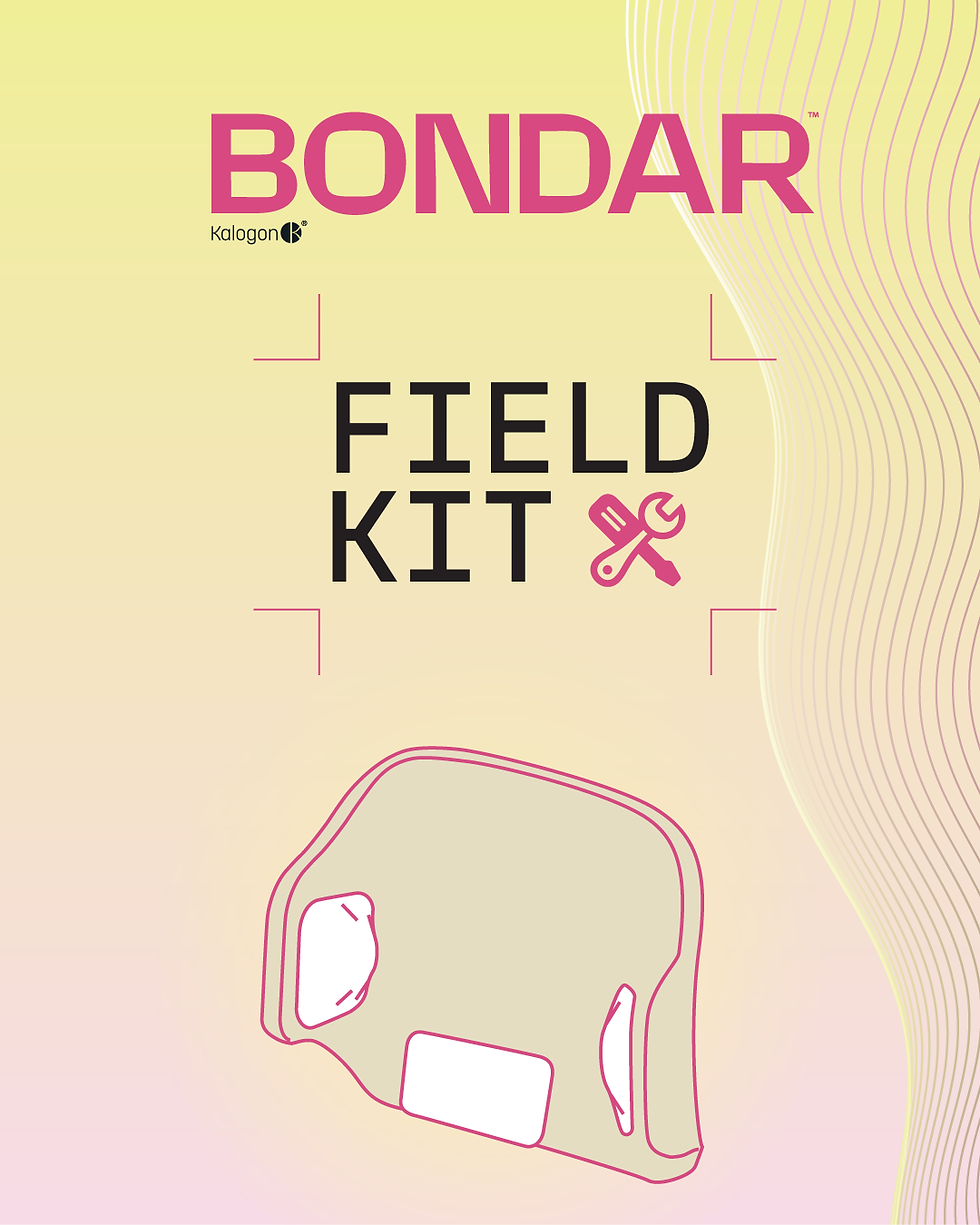 Personalize Bondar: A line drawing of a Bondar back support with Field Kit pieces on it. This is on a poster that says Bondar Field Kit.