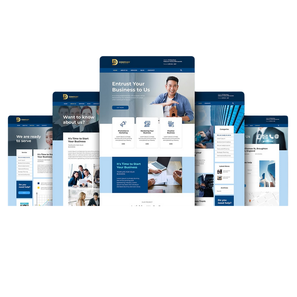 Various website layouts on different devices, showing business related content.