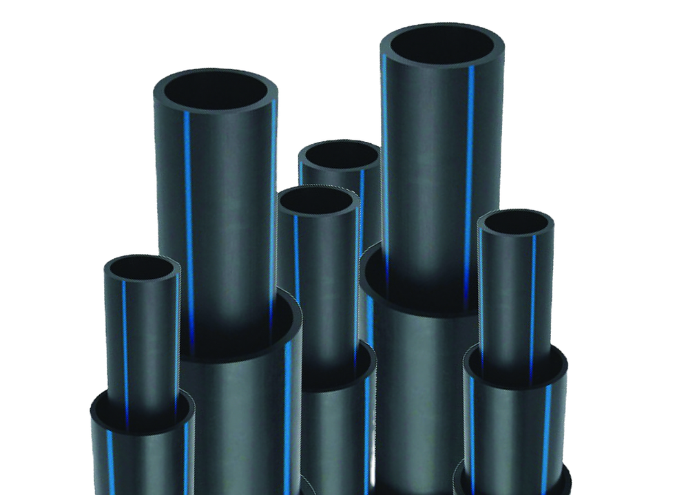 Several black pipes with blue lines, different sizes and stacked together