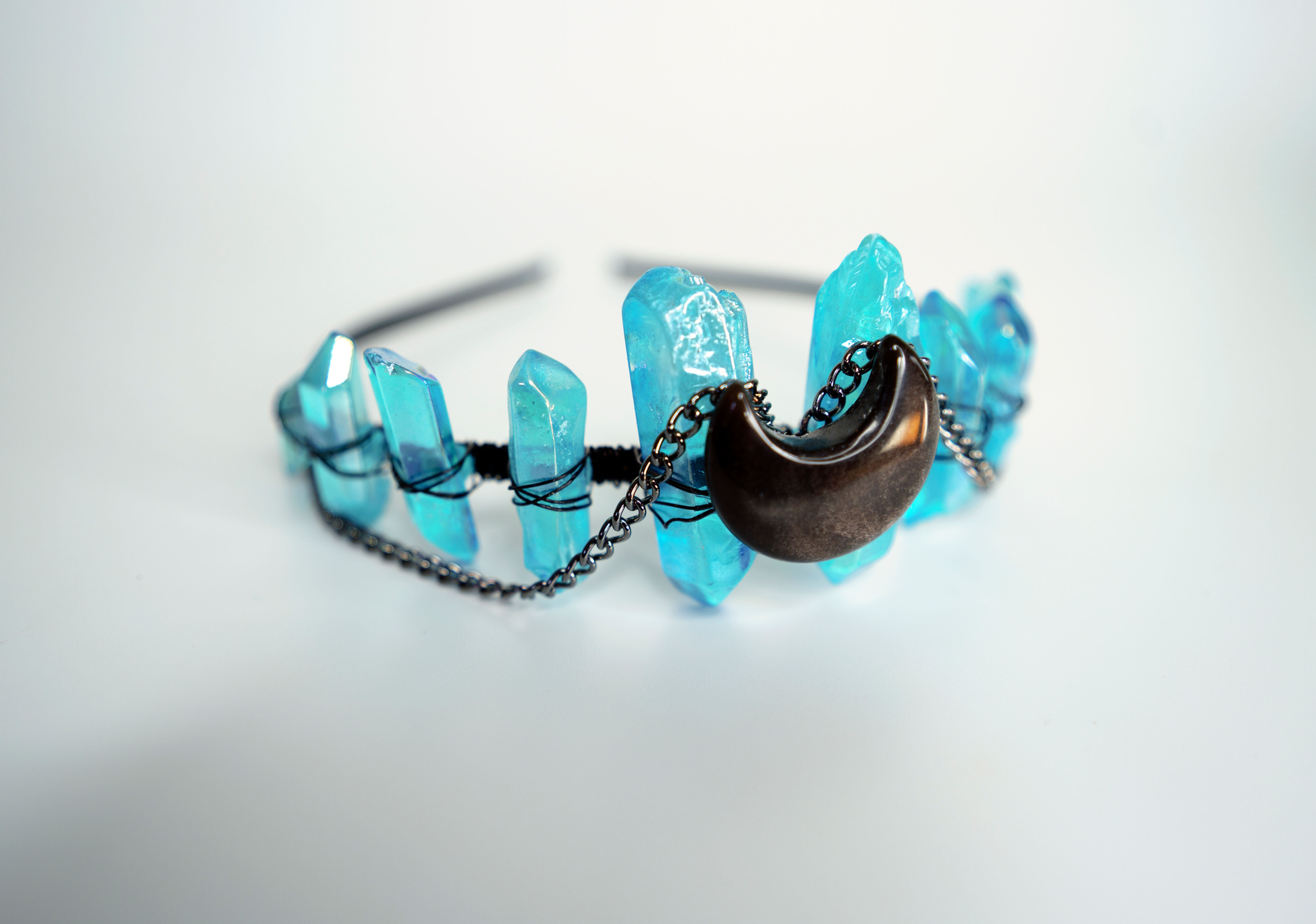 Black Obsidian Moon and Aqua Aura Quartz Tiara