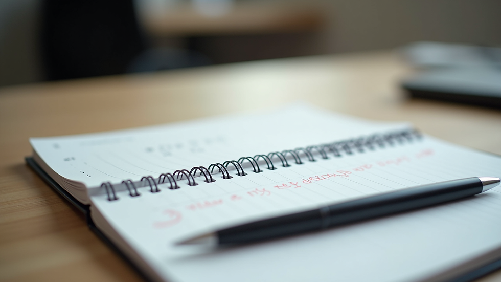 Close-up of a notebook with handwritten notes and a pen
