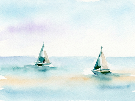 Watercolor of two small sailboats drifting apart on calm open water under a soft sky