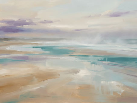 a soft painterly shoreline at low tide with teal pools of water and a misty purple sky