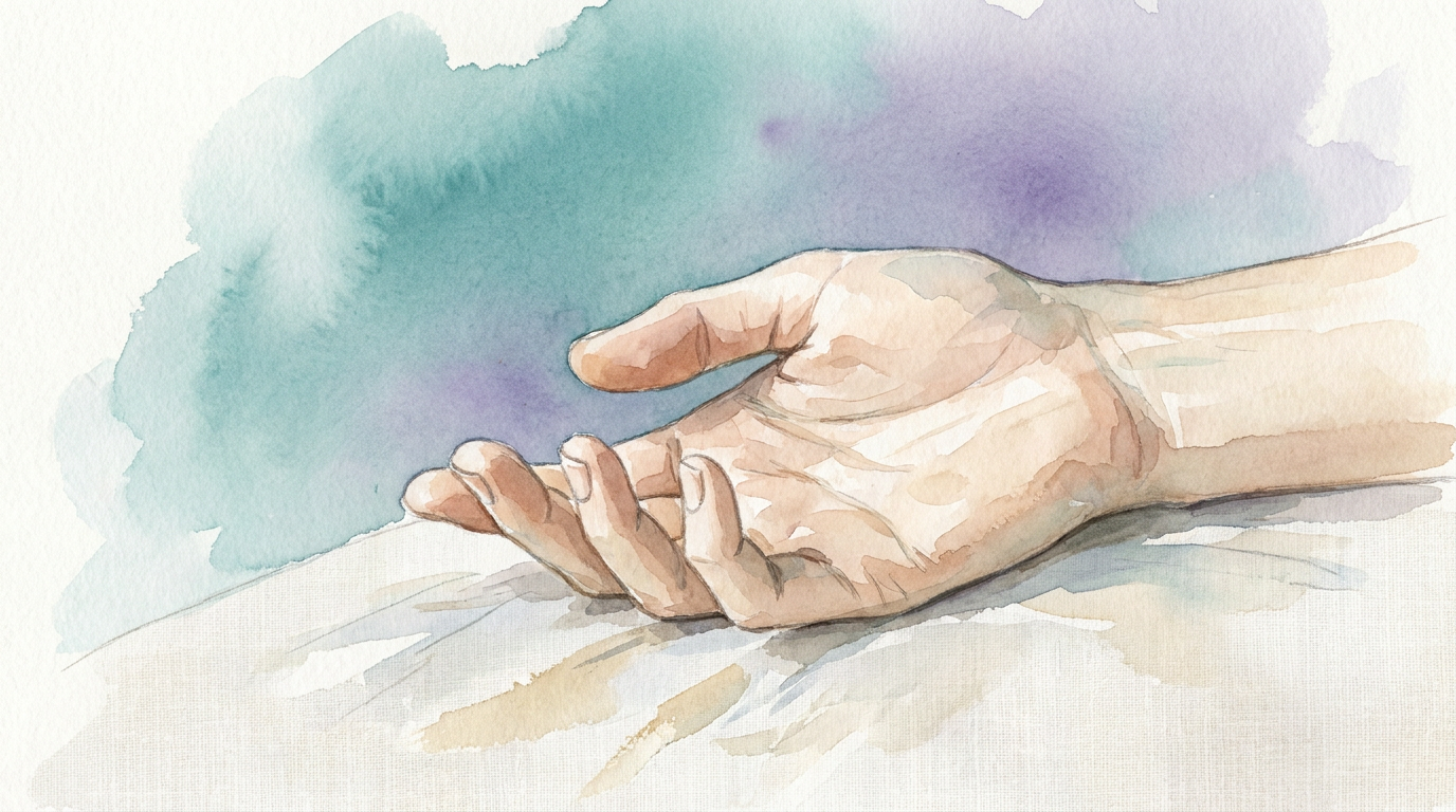 Watercolor illustration of a relaxed open hand resting on pale linen — a quiet visual metaphor for easing the grip of maladaptive perfectionism.