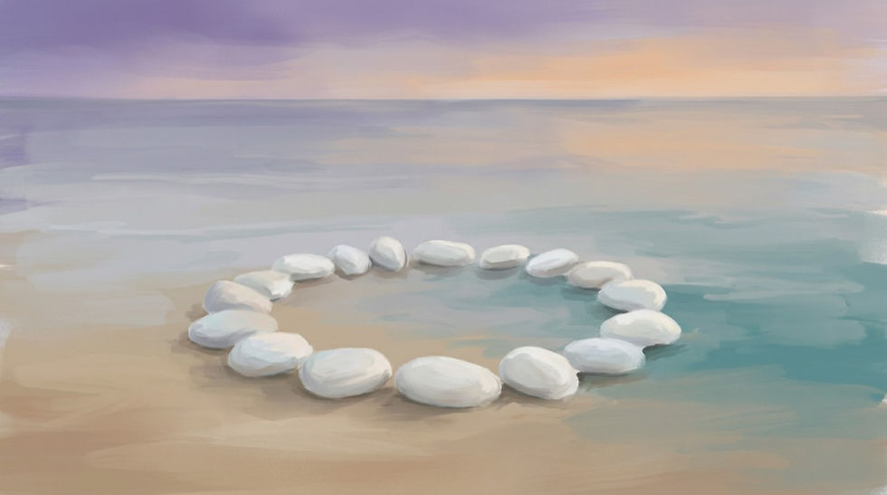circle of smooth sea stones on calm sand with soft teal water and a faint purple sky