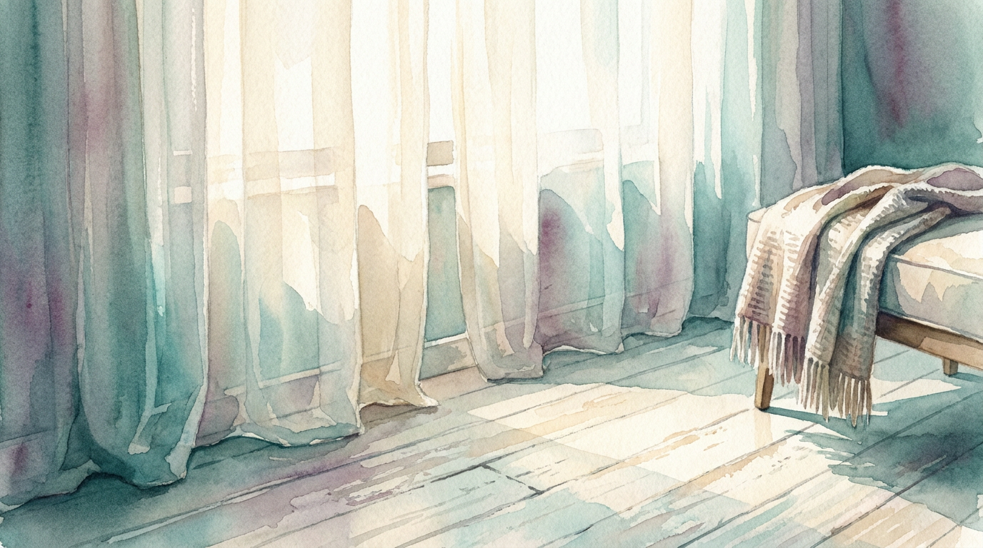 Watercolor of a bright interior with gauzy sheer curtains and a folded throw — a welcoming threshold, suggesting the quiet act of arriving for a first therapy session.