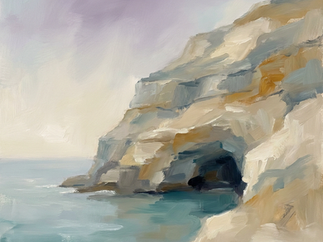 layered coastal cliff sheltering a small sea cave at the waterline, in soft teal and purple light