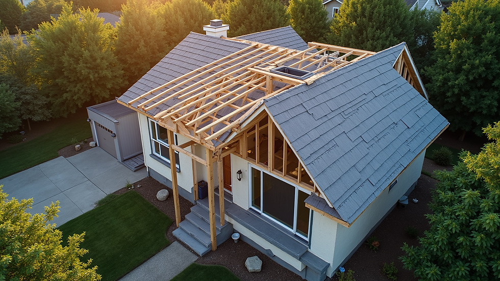 High angle view of a house with a new roof installation in progress