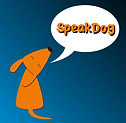 Speak Dog Logo a Orange dog on a blue background with a speach bubble reading Speak Dog