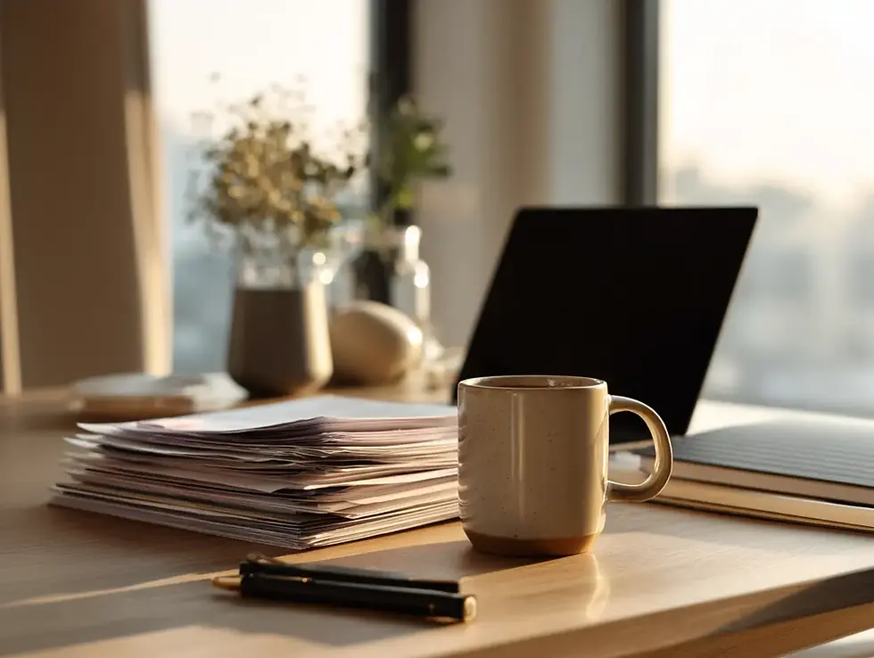 Warm, sunlit bookkeeping workspace with a laptop on a minimalist desk, a small stack of invoices and receipts, a notebook and pen, a ceramic coffee mug, and a potted plant in soft focus.