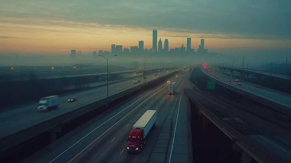 Aerial view of a Northeast highway corridor at dusk — representing the East Coast distribution advantage that CoreBev's Connecticut co-packing facility provides to spirits and RTD brands.